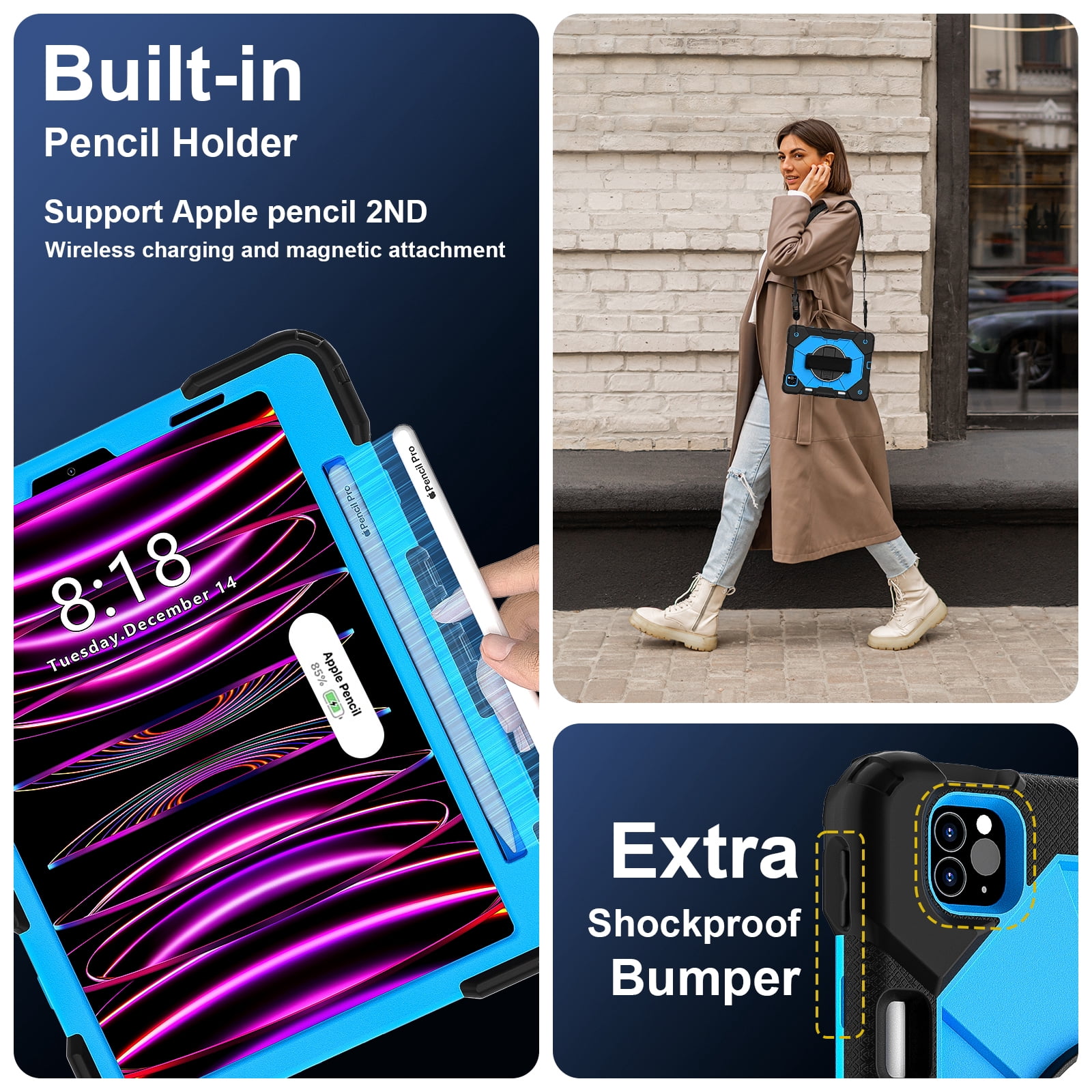 Shockproof Case for Apple iPad Pro 11 Inch 2022/2021/2020/2018 4th 3rd 2nd 1st Gen/ iPad Air 5th 4th Gen 10.9 Inch, Rotating Kickstand Pencil Holder Shoulder Strap Hand Strap Bumper Cover, Blue+Black