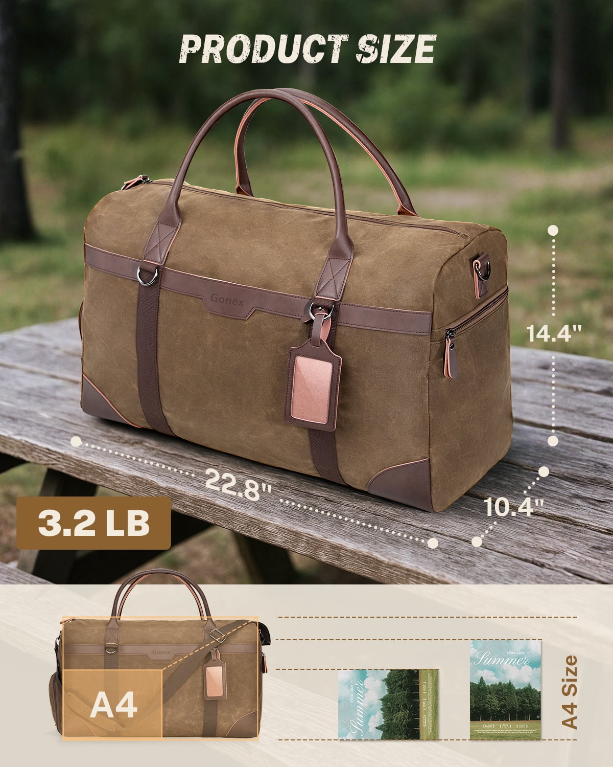 Gonex Waxed Canvas Duffle Bag, 55L Water-Resistant Travel Duffel, Vintage Overnight Weekender Bag with Shoes Compartment for Men & Women