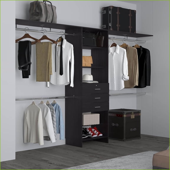 Closet Systems with 4 Hanging Rods, 5 Shelves & 3 Drawers | Black | Engineered Wood