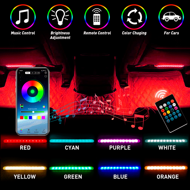 Car LED Strip Light with app, 4pcs 48 LED DC 12V Multicolor Car