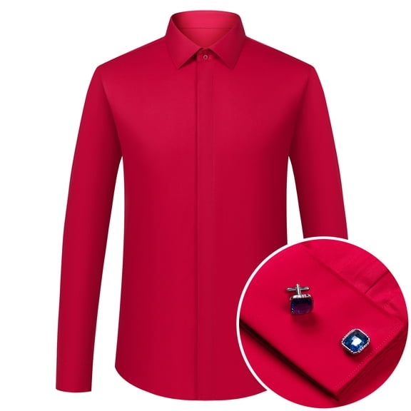 Men's Solid Color Long Sleeve Fly Front Placket French Cuff Dress Shirts Formal Business Activities Includes Blue Gemstone Cufflinks