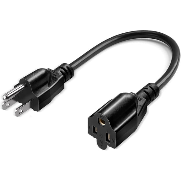 TT-Short Power Extension Cord, 3 Prong 3 Outlet Adapter USA 3Pin Male to Female AC Cable, Grounded Outlet Saver Extension Cords NEMA 5-15P to NEMA 5-15R, Black (12 Inch)