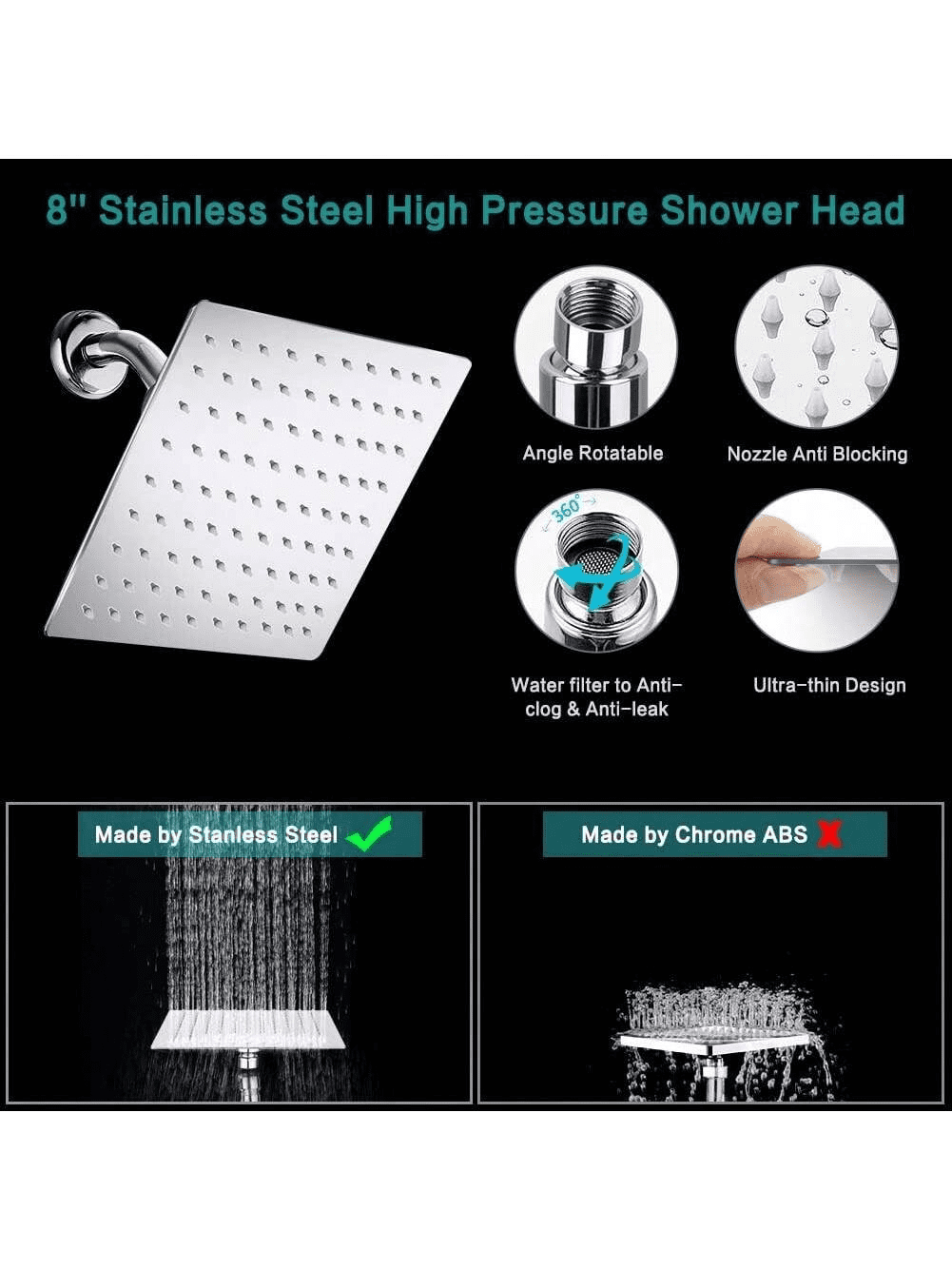 Shower Head with Hose, 8'' High Pressure Rain Shower Head, Handheld Shower Head Combo with 11'' Extension Arm, 2+1 Spray Settings Adjustable Shower Head with Holder, Height/Angle Adjustable
