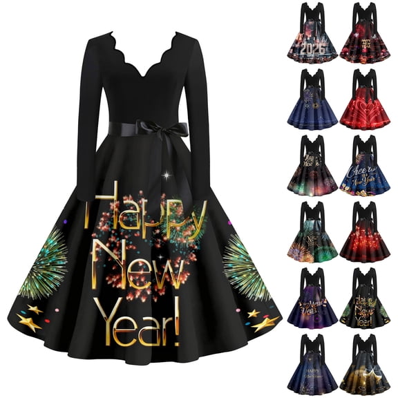 Women's Casual Dress Long Sleeve V-Neck New Year Printed Vintage Loose Fit Midi Dress for Spring Fall Holiday,Army Green,L