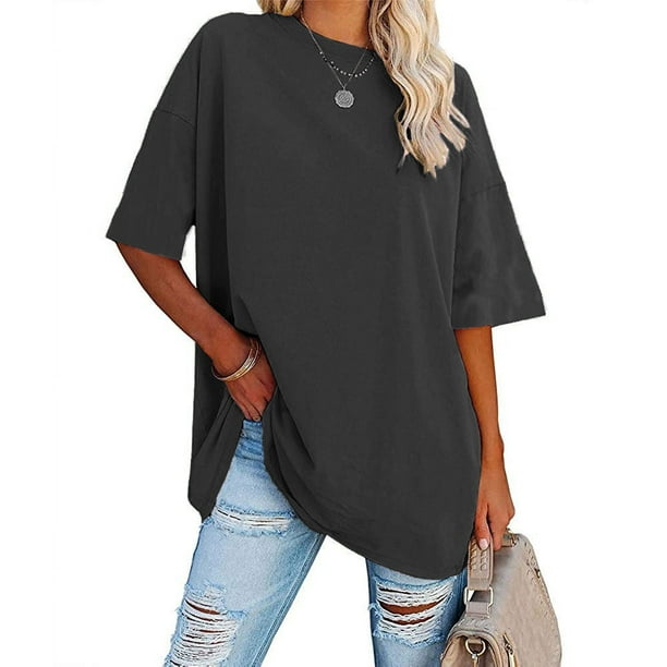 Camiseta de gran tamano para mujer Nuevo color solido Suelto Hombro caido Manga corta Cuello redondo Top para mujer TAMANO L GRIS ER Walmart en linea