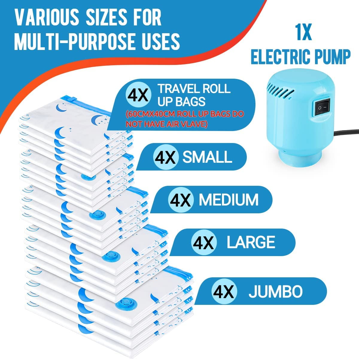 Z Zonama Vacuum Storage Bags(Variety 30 Pack) , Vacuum Cleaners Seal Bags with Electric Pump ,Vacuum Space Saver Bags for Comforters Blanket Bedding