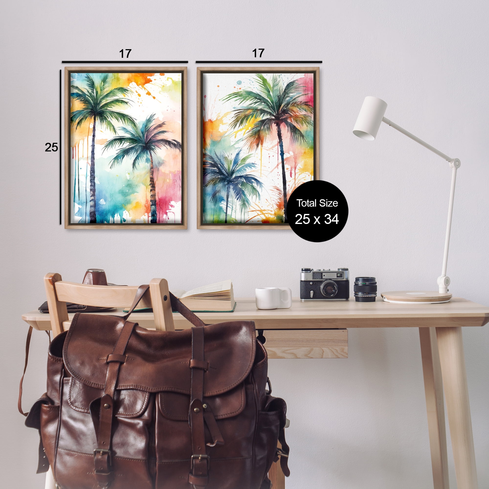 Stupell Industries Watercolor Splash Towering Palms Plants & Flowers Painting Brown Floater Framed Canvas Art Print Wall Art, 17 x 25, Set of 2