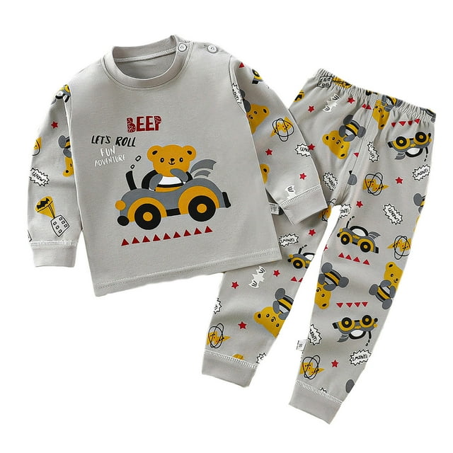 PMVFHDE Ensemble de Pyjama à Imprimé Dessin Animé Dinosaure et Train / Pyjama 2 Pcs en Coton Doux pour Tout-Petits et Enfants (0-6 Ans) / Garçons Filles Pyjamas Douillets Automne/printemps avec Motifs d'Animaux Mignons 2-Gris,3-6 Mois