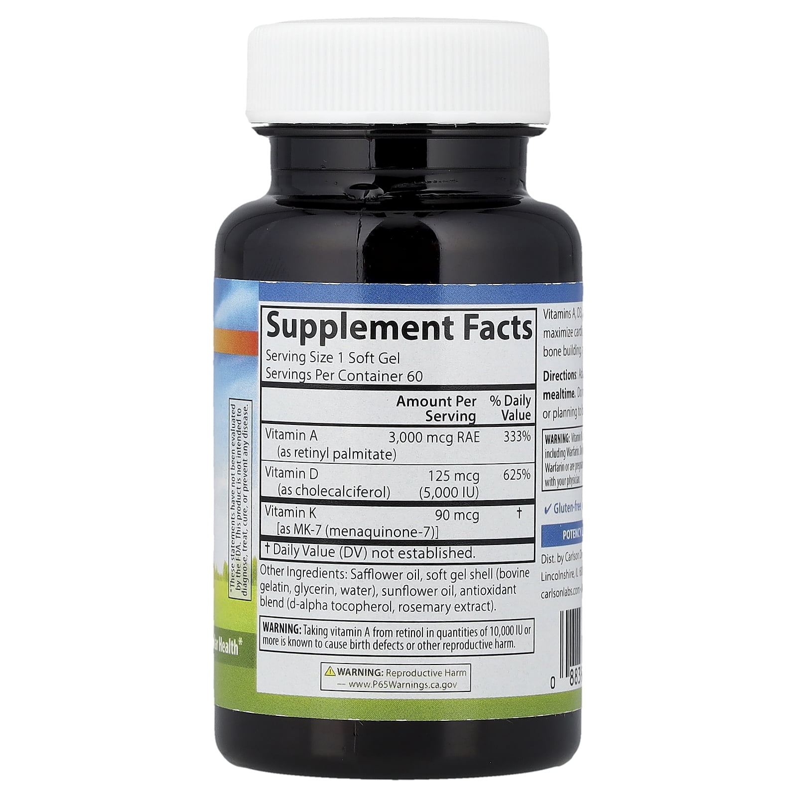 Carlson Vitamins A - D3 - K2, 60 Soft Gels