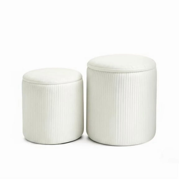 2 Piece Round Storage Ottoman Set - Velvet Upholstered Foot Stool with Flip Top Tray, Small & Large for Living Room Bedroom Entryway, White