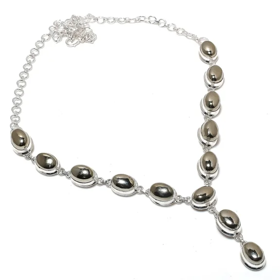 Golden Pyrite Gemstone Necklace Handmade Beautiful Necklace Natural Oval Cabochon Golden Pyrite 925 Sterling Silver Plated Jewelry 22 Inch Adjustable Necklace