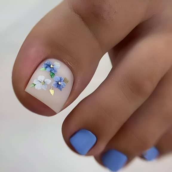 RAGUPEL 2026 New Press on Toenails with Orchid Flower Designs, 24Pcs Blue Artificial Short Fake Toenails, Matte Full Cover Acrylic False Nails for Toe, Glue Toenails for Women Girls