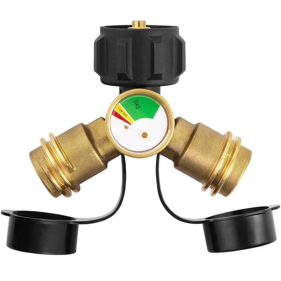 Propane Splitter with Gauge, Propane Tank Splitter 2 Way for 5-20LB, Perfect for Heaters, Camping Stoves, BBQ Grills, Gas Burners and More