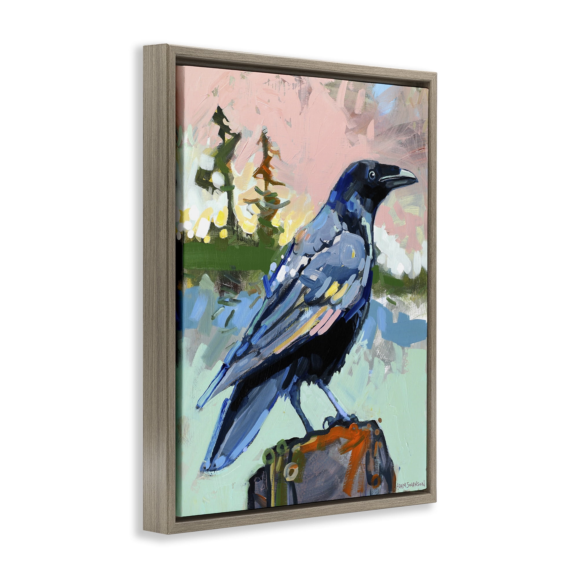 Stupell Industries Modern Crow Portrait Birds Painting Brown Floater Framed Canvas Art Print Wall Art, 17 x 21