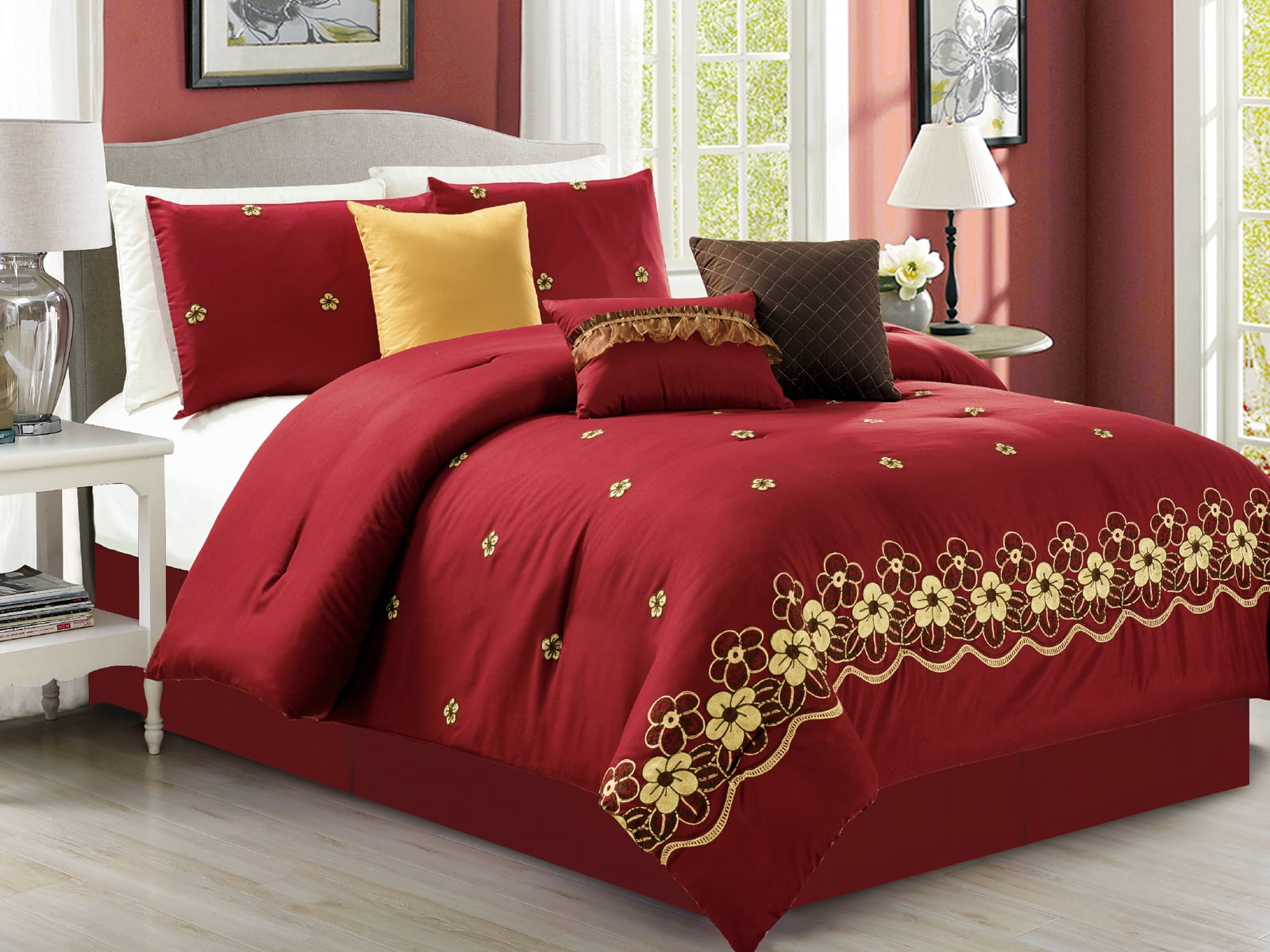 7Pc Eleanor Floral Blossom Embroidery Comforter Set Burgundy Red Gold