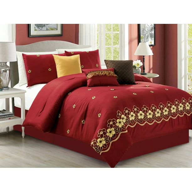 7Pc Eleanor Floral Blossom Embroidery Comforter Set Burgundy Red Gold