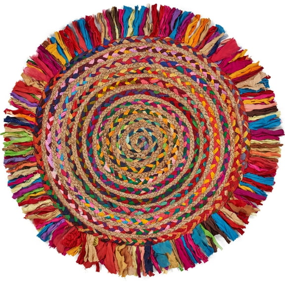 Desert Fields and Evette Rios Cora 3'6" Round Rainbow Cotton and Jute Striped Fringe Indoor Area Rug