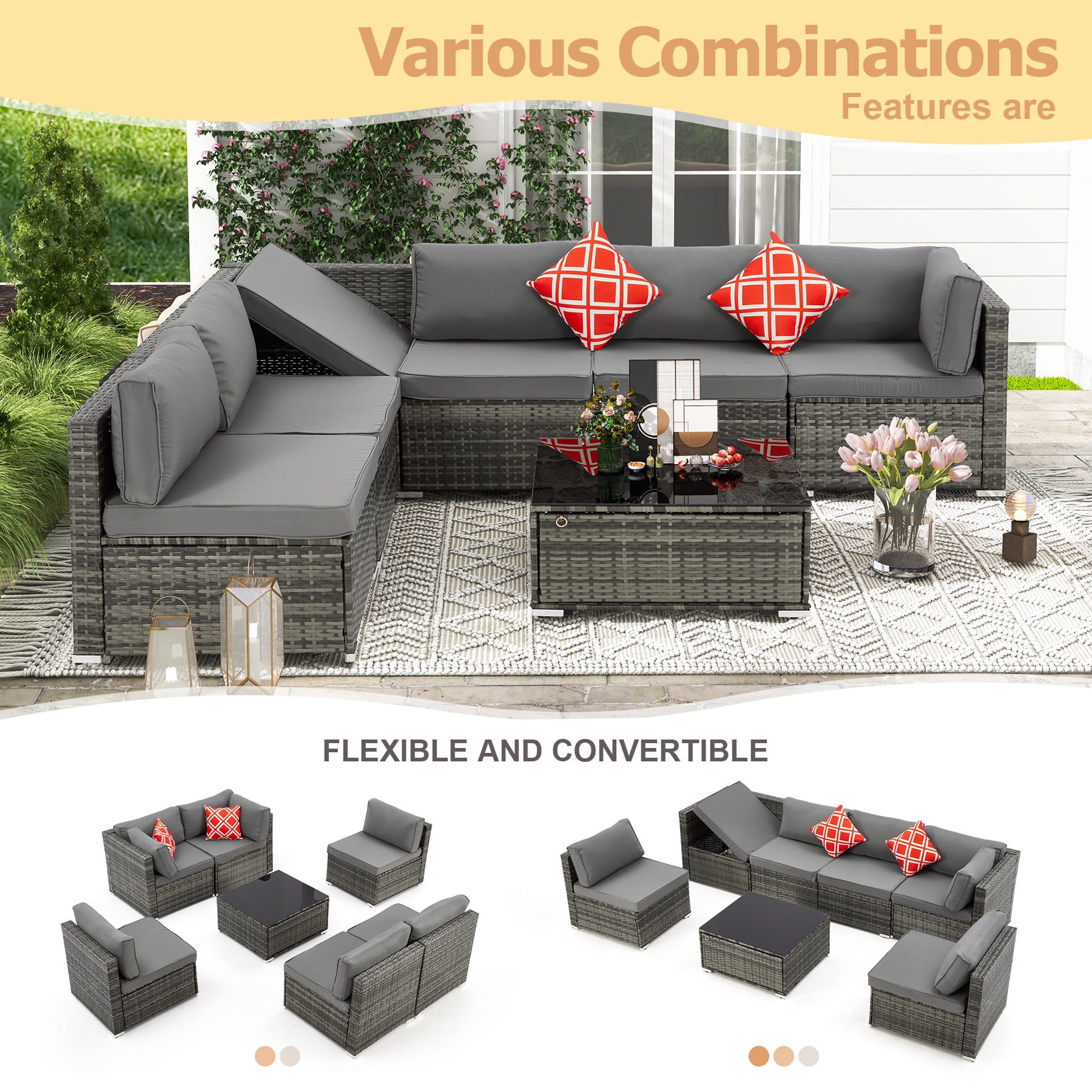 GYUTEI 7 Piece Patio Furniture Set with Adjustable Bracket All-Weather Wicker Conversation Set with Coffee Table for Porch Garden Backyard (Gray)