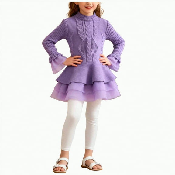 mgoYE Girls Long Sleeve Autumn Winter Knit Sweater Christmas Dress Casual Wear(Purple,7-8 Years)