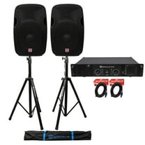 (2) Rockville SPGN154 15" 1600W DJ PA Speakers Rockville RPA9 3000w Amp Stands