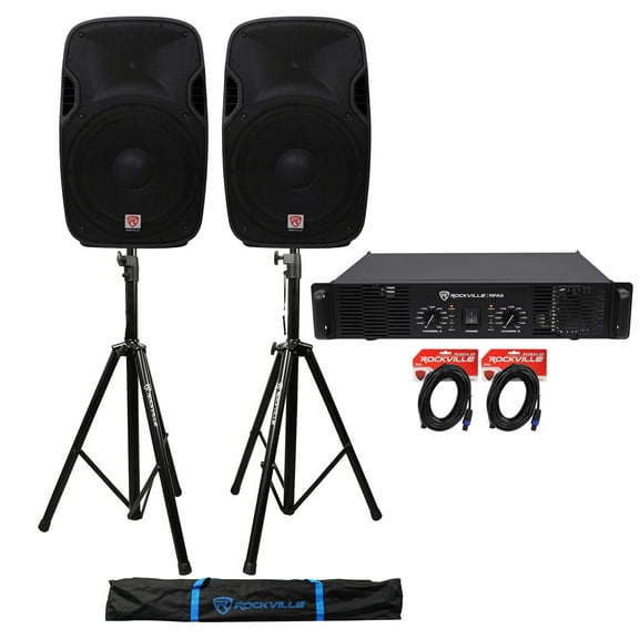 (2) Rockville SPGN154 15" 1600W DJ PA Speakers Rockville RPA9 3000w Amp Stands