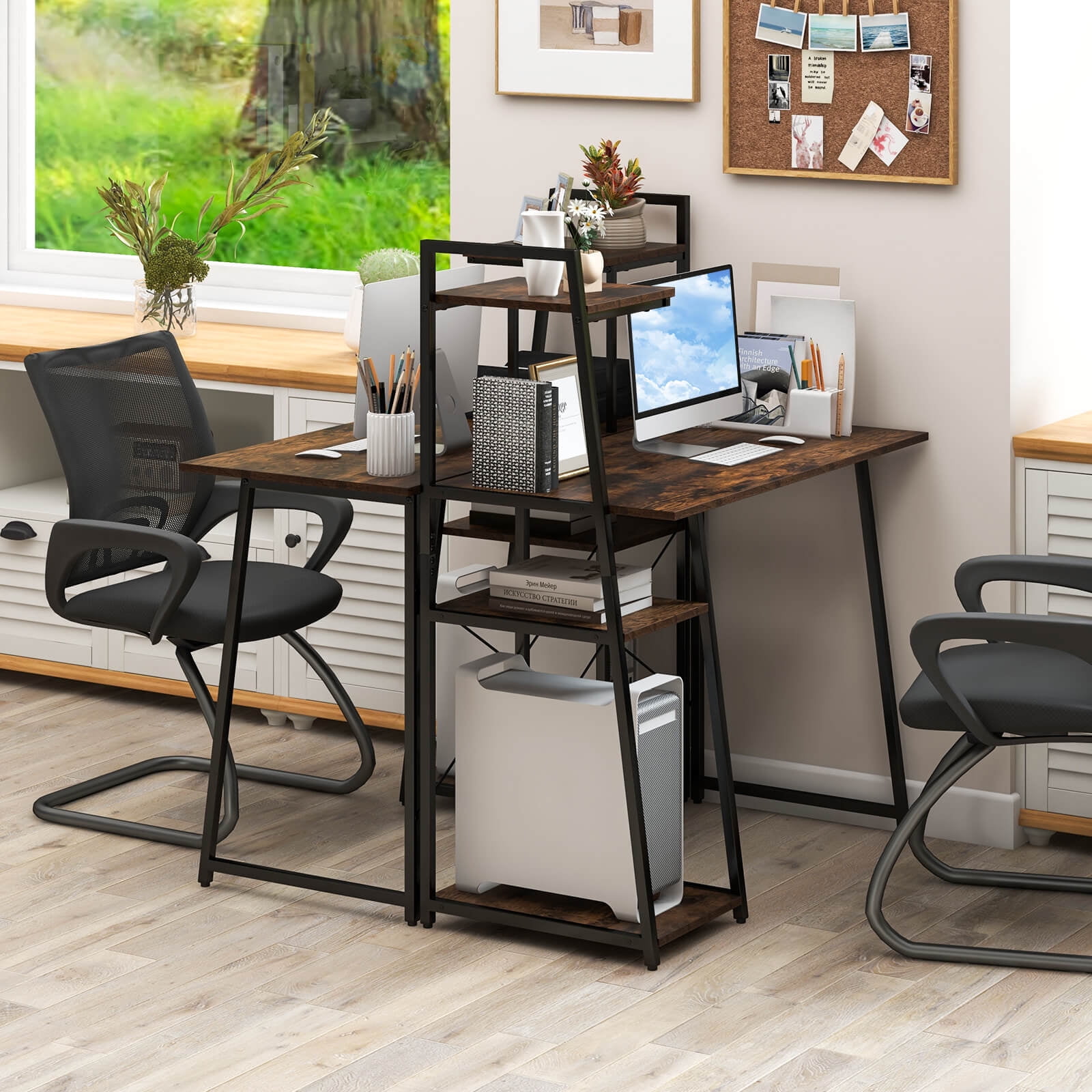 Costway Modern Computer Desk with 3-tier Storage Shelf CPU Stand Metal Frame for Bedroom