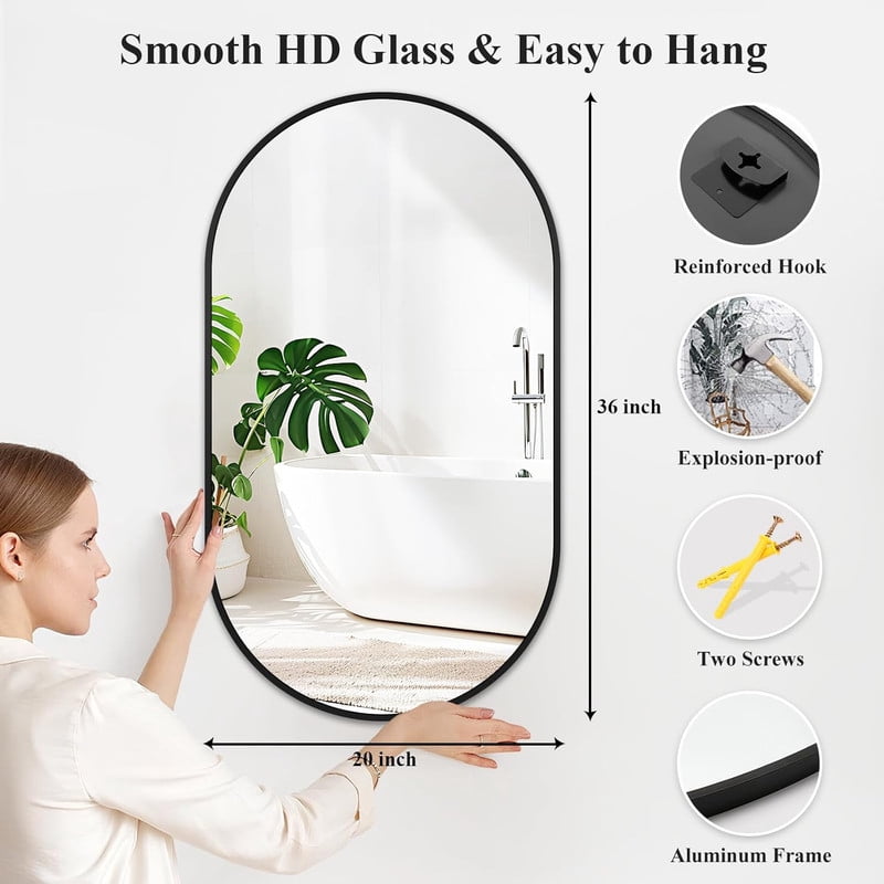 Easy4Home 16"x24" Oval Bathroom Mirror Vanity Wall Mirror,Black