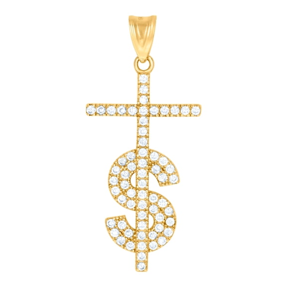 10k Yellow Gold Mens Cubic Zirconia Dollar Sign Cross Religious Charm Pendant 41.4x18.4mm Necklace for Men