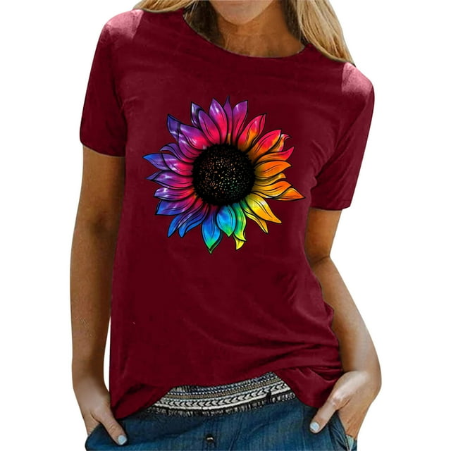 Gibobby Camisas De Vestir Camiseta informal con estampado de flores para mujer, camiseta de manga corta con cuello redondo, camiseta elegante holgada, blusa, Top(Vino, M)