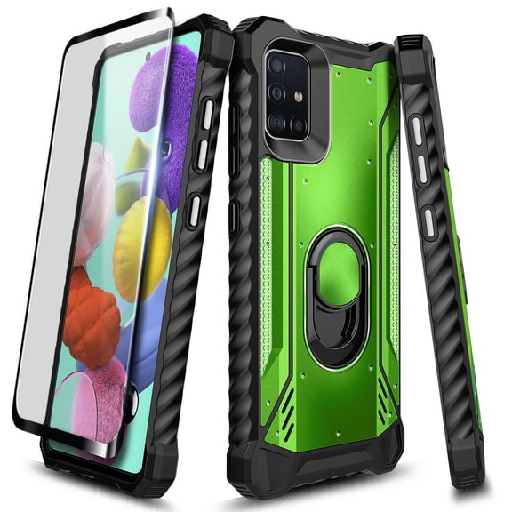 For Samsung Galaxy A51 5G [NOT FIT 4G] Case, with Tempered Glass Screen Protector (Full Coverage), Metal Built-in Ring Stand, Full-Body Protective Shockproof Military Bumper Phone Cover (Green)