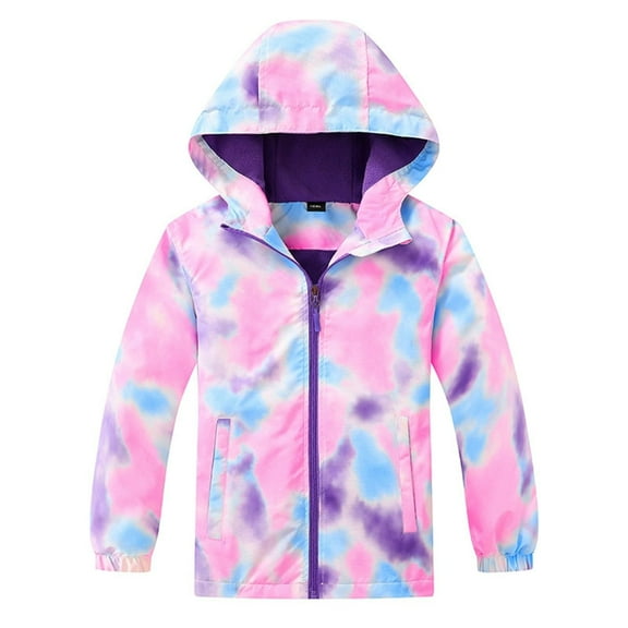 XXWXYD Girls Windproof Rain Jacket Soft𝖲hell Hooded Coat with Tie Dye Print 𝖶aterproof Hiking Outerwear Functional Lightweight Jacket for Outdoor Activities
