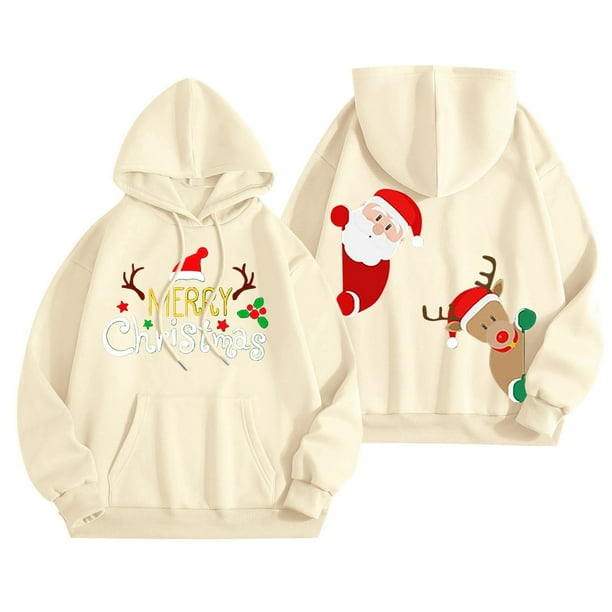 WILLBEST Sudadera con Capucha Merry Christmas para Mujer Sudadera con Capucha con Estampado Navideño Divertido Camiseta Navideña Informal de Manga Larga 347 Grande