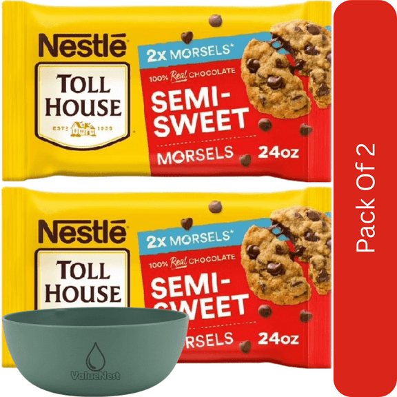 Nestle Toll House Semi-Sweet Chocolate Baking Chips, 24 oz Bag-2pk, With Olive Green Bowl By ValueNest