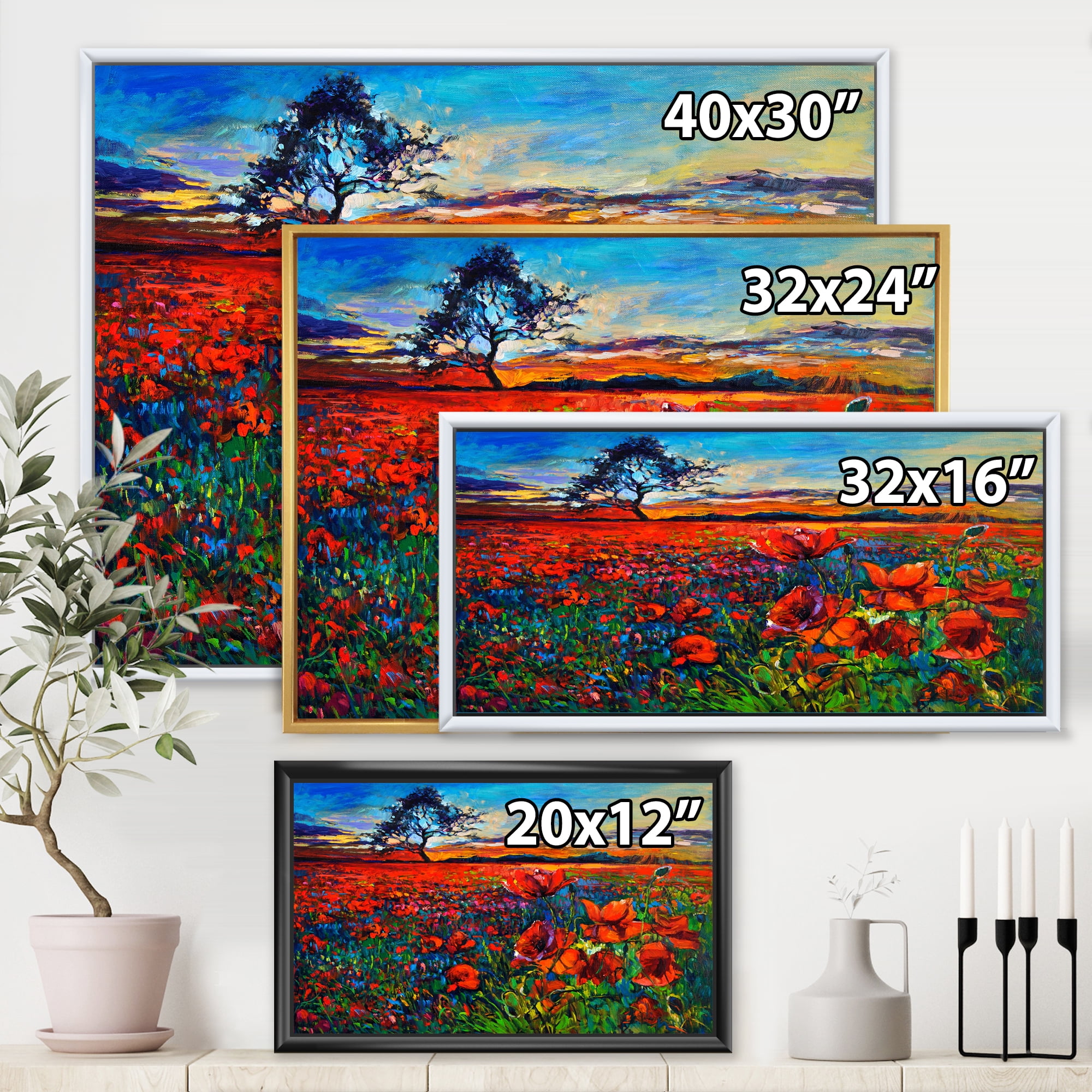 Designart 'Blossoming Red Poppy Fields With Distant Tree' Traditional Framed Canvas Wall Art Print