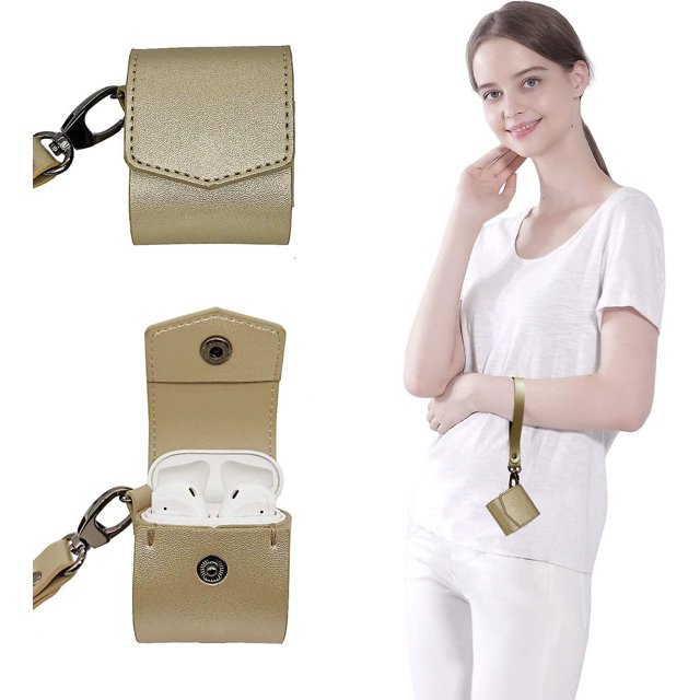 Funda De Carga Para Apple Airpods, Funda De Cuero Pu Con Correa Para La Muñeca Para Apple Airpods 1/2 Estuche De Carga - Dorado