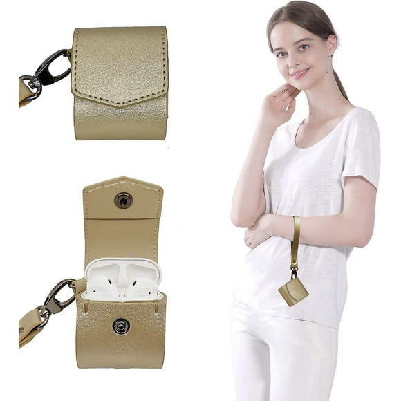 Charging Case Cover For Apple Airpods , Pu Leather Case With A Wrist Strap For Apple Airpods 1 / 2 Charging Case - Gold