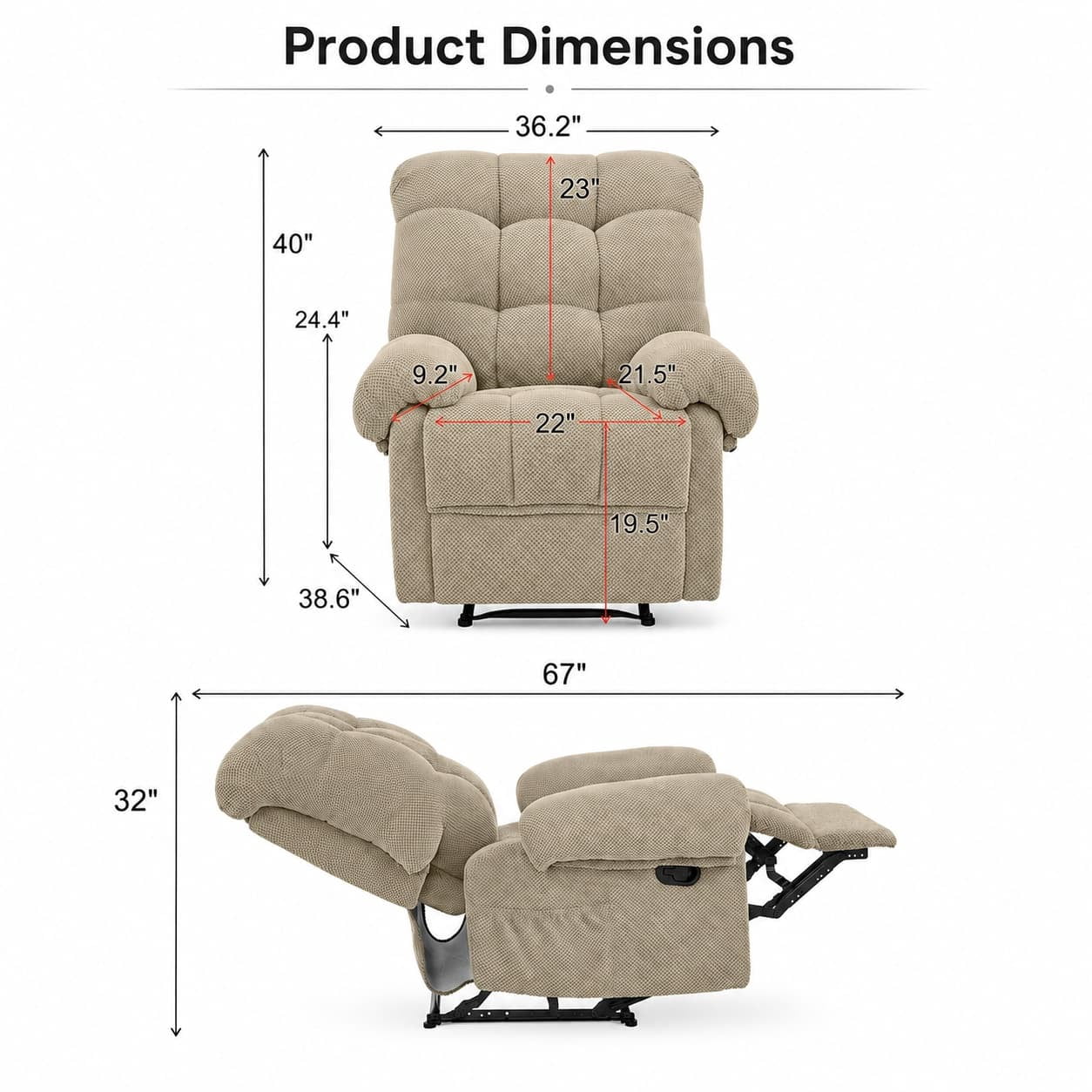 Aukfa Overstuffed Manual Recliner Chair, Upholstered Glider Lounge Armchair with Footrest for Bedroom Reading,Camel