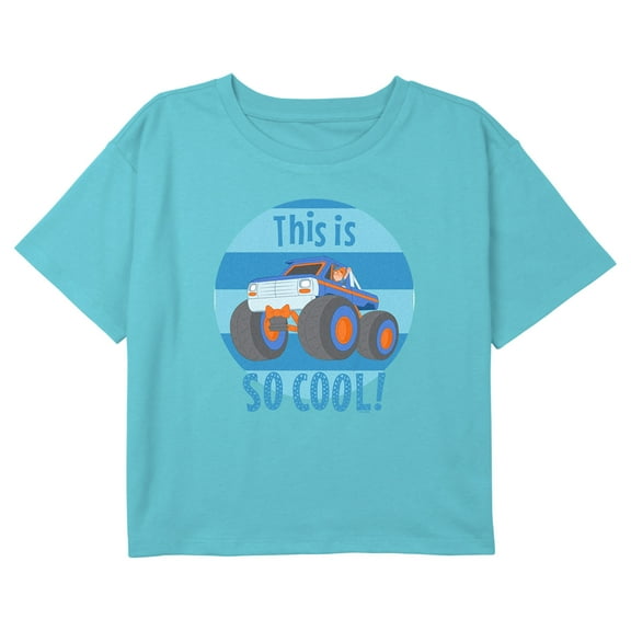 Girl's Blippi This Is So Cool Blue and Orange Truck Graphic Cropped T-Shirt Blue X Small
