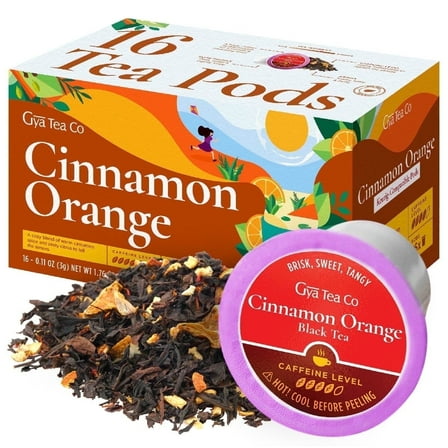 Gya Tea Co Cinnamon Orange Spice Black Tea Pods for Keurig (16 Ct) - Highly Caffeinated Smooth Black Tea K Cups, Light and Fresh Flavor Refresher Tea Pods