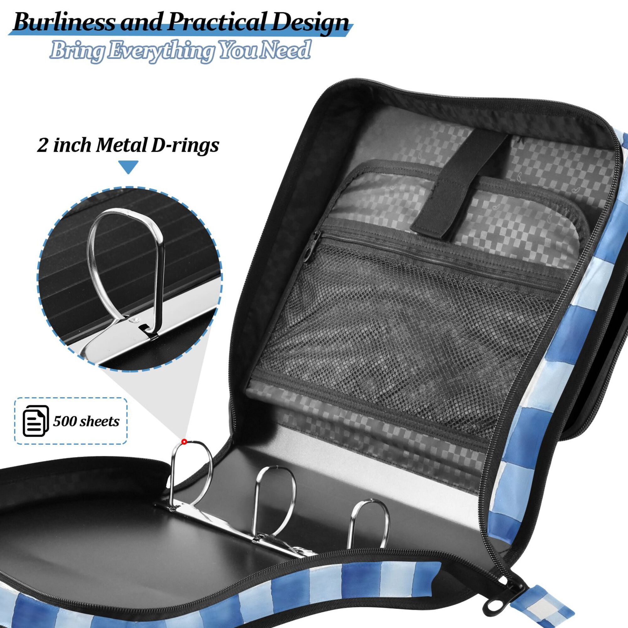 FORMRS Zipper Binder with Shoulder Strap 2-inch Ring 500 Sheet Capacity File Bag, Blue Plain