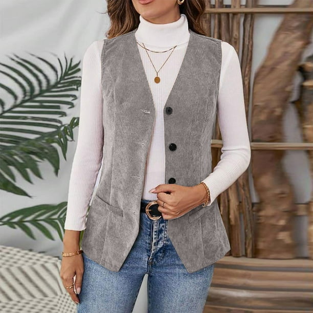AUNVITO Women's Sleeveless Button Down Corduroy Cardigan Casual and Chic Style
