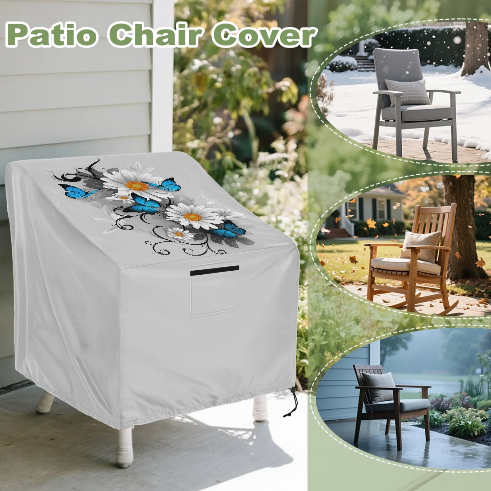 Renewold Waterproof Outdoor Chair Covers Windproof Lounge Deep Seat Covers Funiture Covering for Stackable Furniture Seating, 38"W x 38"D x 36"H, Butterfly Daisy Gray