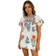 thumbnail image 4 of Women's Casual Boho Floral Blouse - V Neck Tie Front Ruffle Short Sleeve Loose Fit Summer Top for Beach Vacation & Everyday Wear, 4 of 5