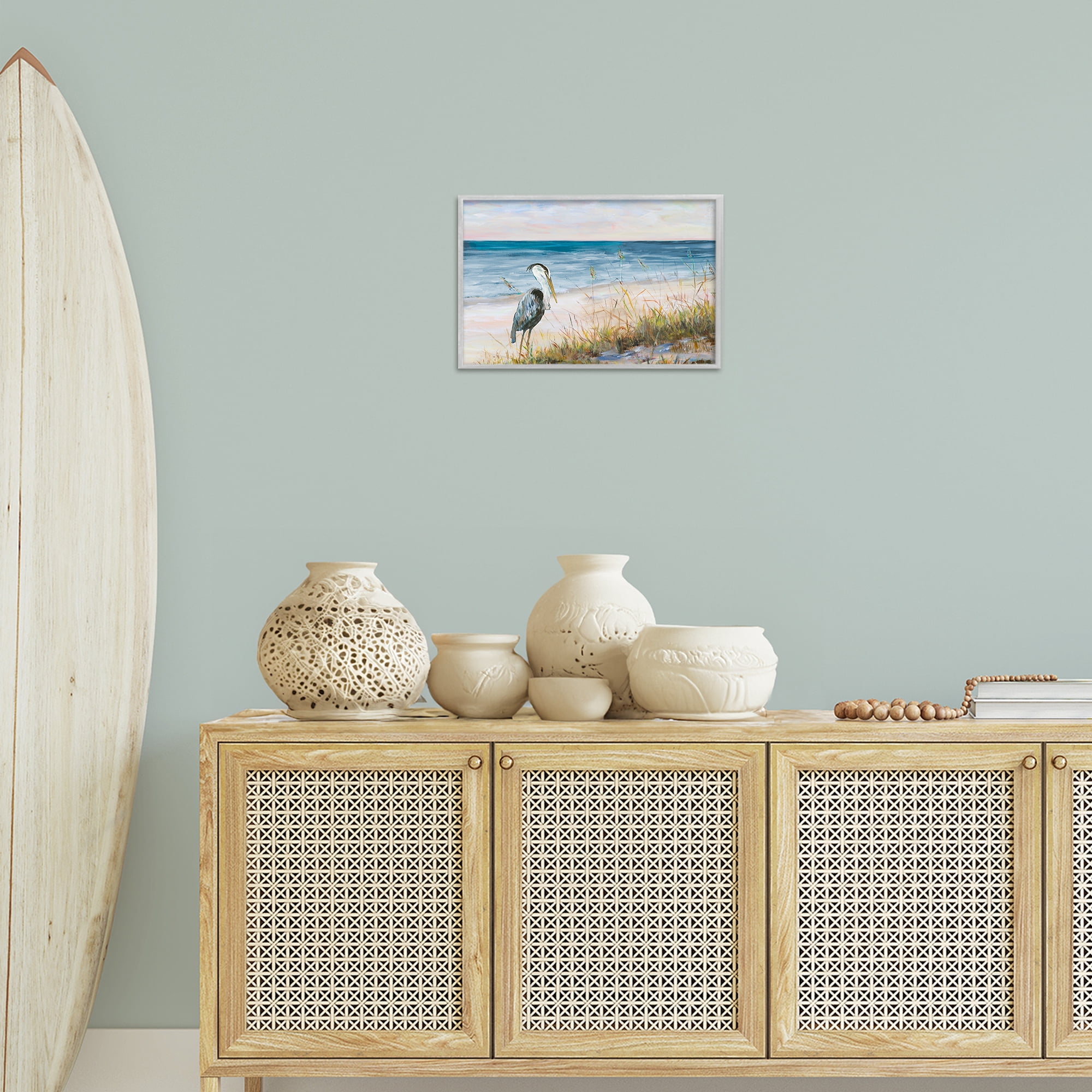 Stupell Industries Calm Pelican on Beach Landscape Painting Gray Framed Art Print Wall Art, 18 x 12