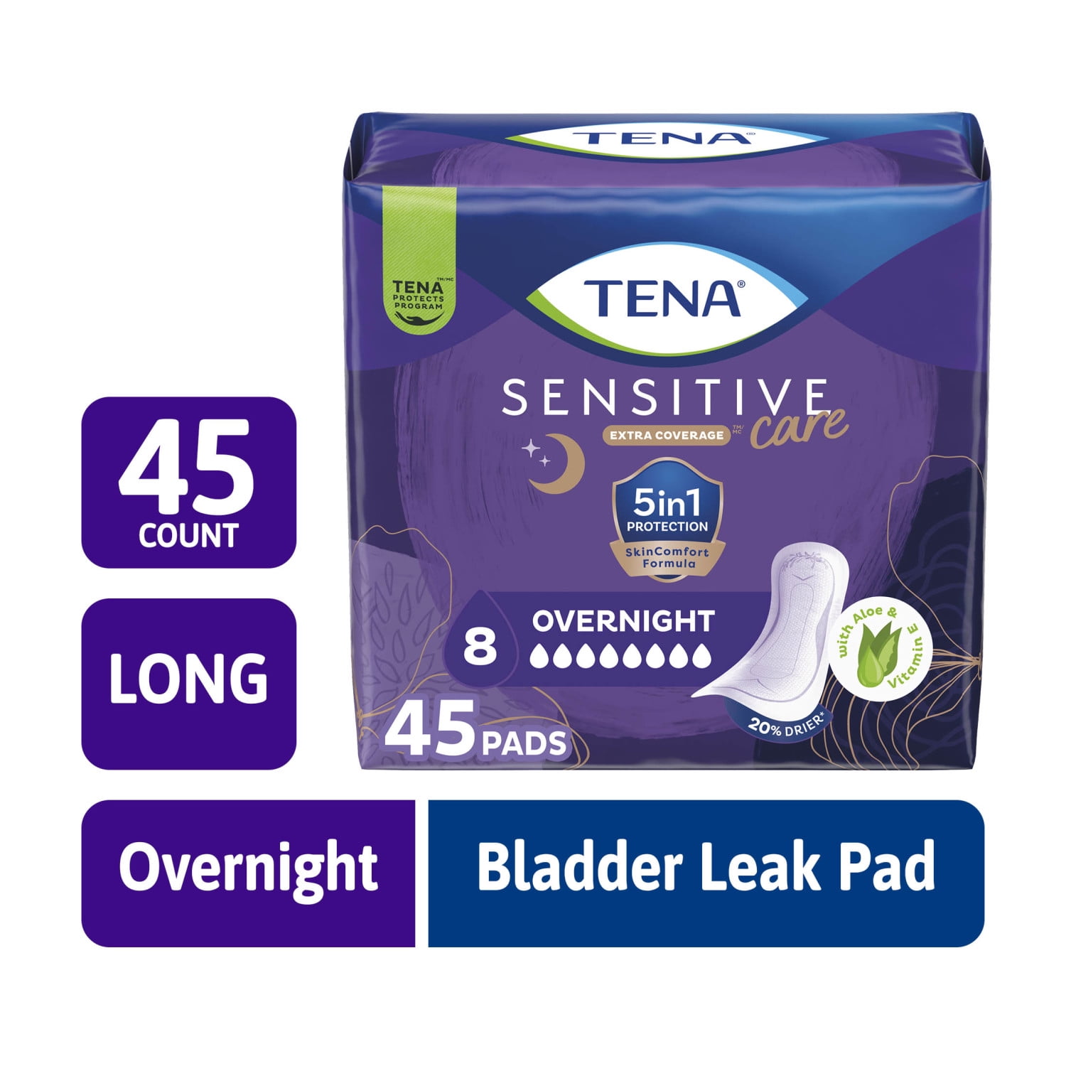 TENA Sensitive Care Overnight Incontinence Pads for Women, 45 Count