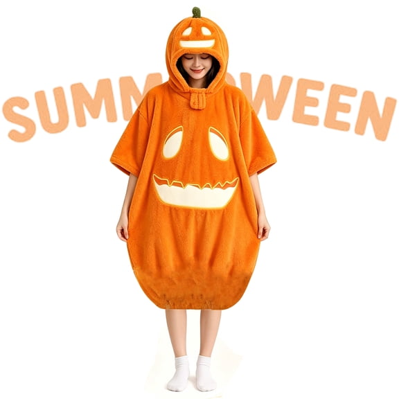 Summerween Pumpkin Onesie,Cozy Spooky Flannel Wearable Blanket Hoodie,Oversized Halloween Pumpkin Loose Pajamas,Long Hooded Blanket Sweatshirt Loungewear for Halloween Girlies, S-3XL