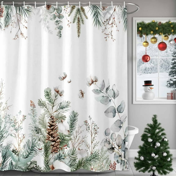 Christmas Winter Shower Curtains for Bathroom, Eucalyptus Leaf Cedar Fruit Plants Waterproof Fabric Shower Curtain for Bathroom Bathtub Decoration, Machine Washable, 36"x72"