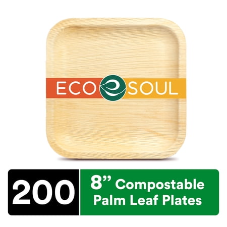 eco soul 100% compostable 8 inch palm leaf square plates 200 counts | heavy duty bamboo disposable party plates | eco-friendly biodegradable plates