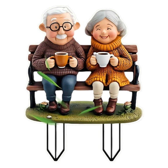 Elderly Couple On Bench 2D Flat Acrylic Yard Stake Warm Family Lawn Decor Weather Resistant Elder Ornament For Backyard Patio Flower Bed Daily Garden Decoration