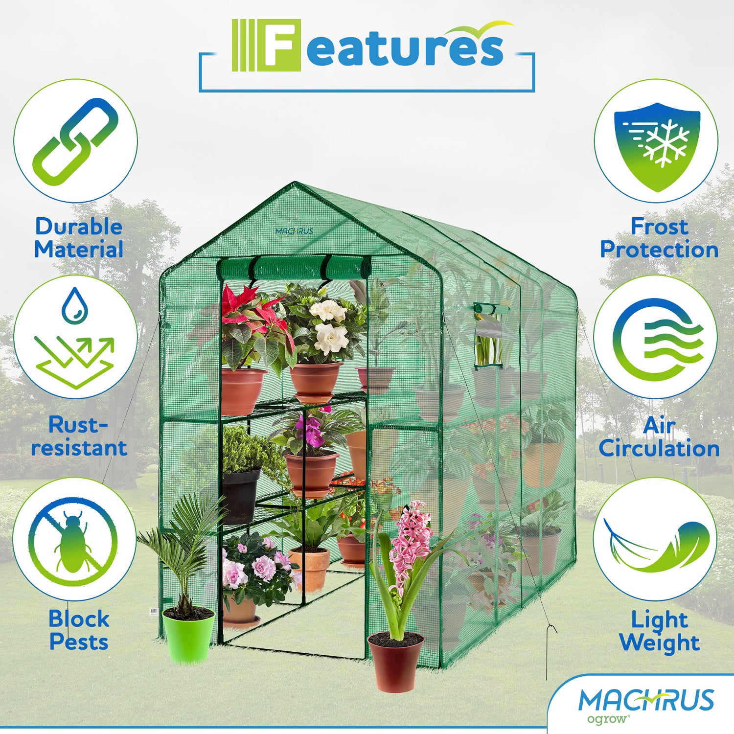 Machrus Ogrow Deluxe Walk-In Greenhouse with 2 Tiers and 12 Shelves - Greenhouse Plastic Cover for Indoor and Outdoor Use
